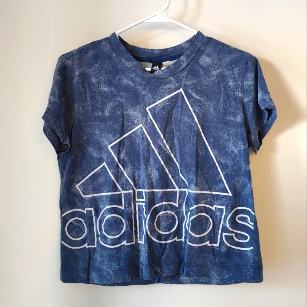 Adidas branded blue mottled pattern cropped t-shirt - S